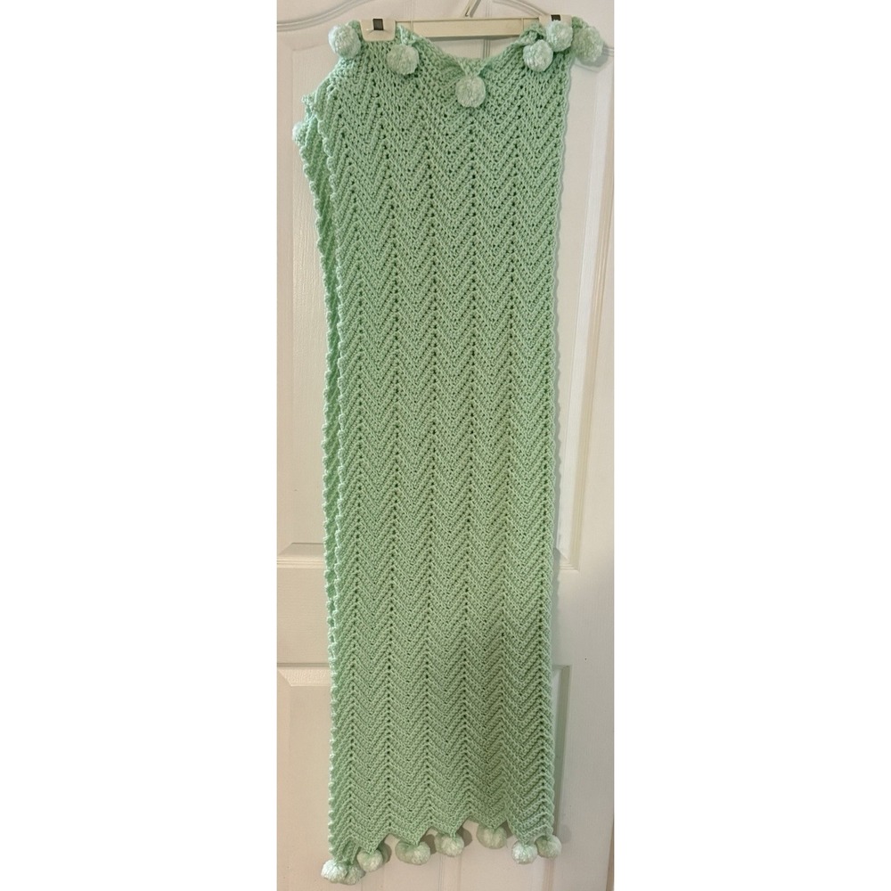 Vintage Granny handmade crochet Afghan green throw blanket With Pompoms 49"x39"